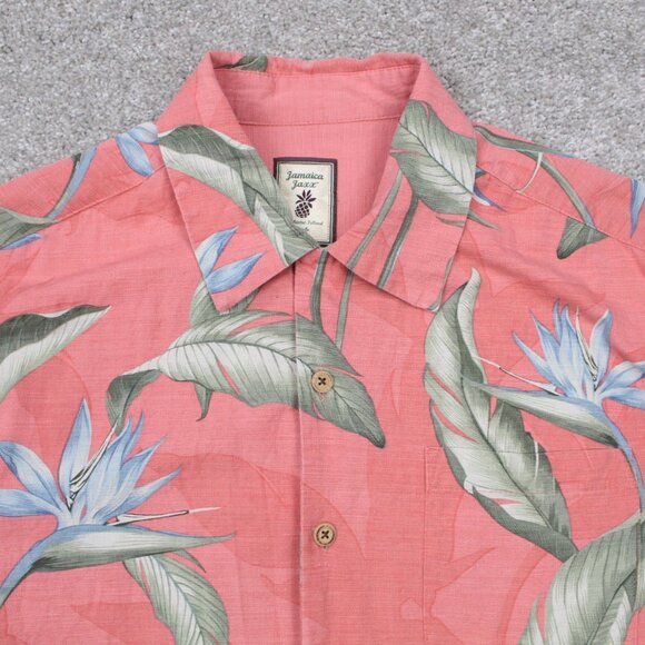 Jamaica Jaxx Camp Shirt Adult Medium Pink Floral Silk Loop Collar S/S Button Up - Picture 5 of 13